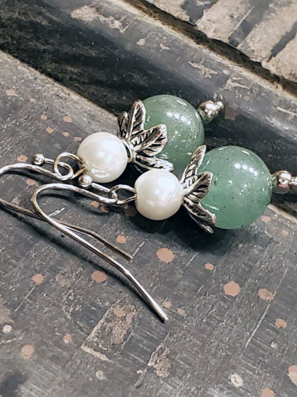 Malaysia Jade Gemstone White Faux Pearl Antiqued Silver Dangle Earrings
